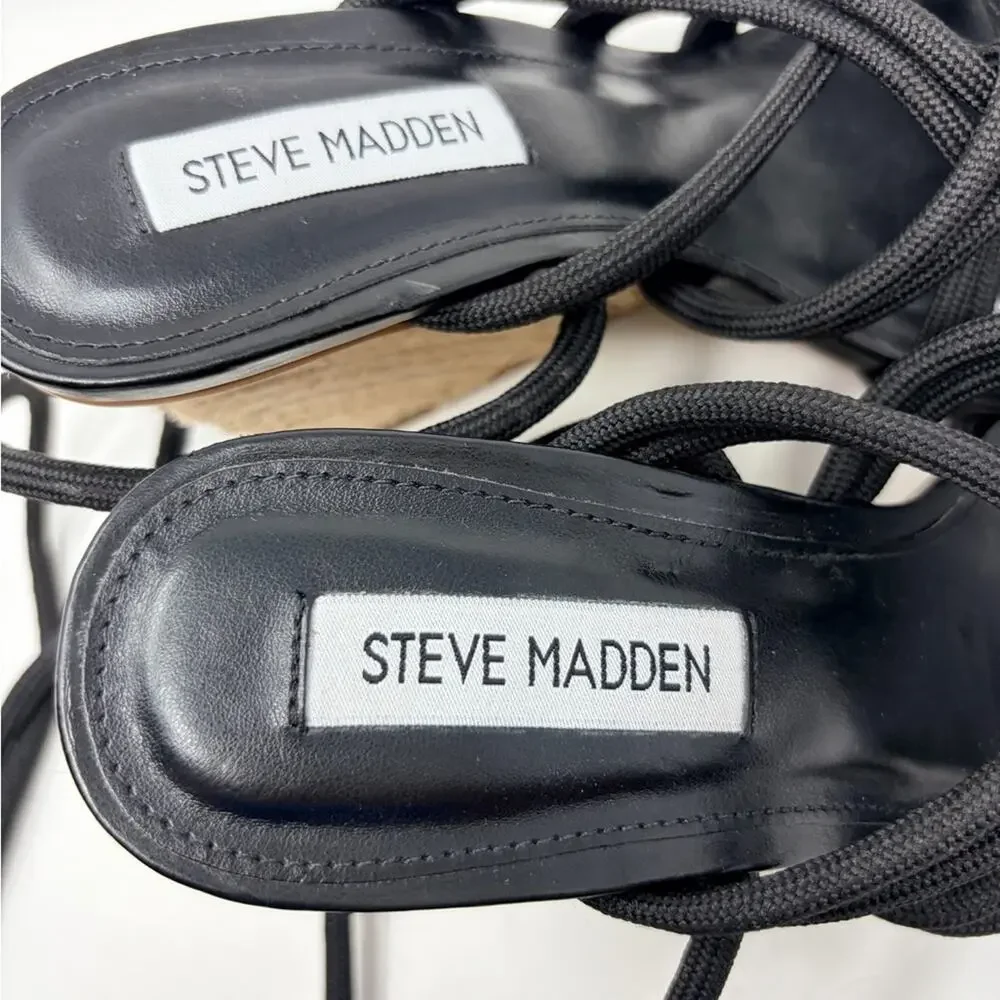 NEW Steve Madden Idolized Black Rope Ankle TIe Wedge Sandals, Size 7.5 MSRP $118